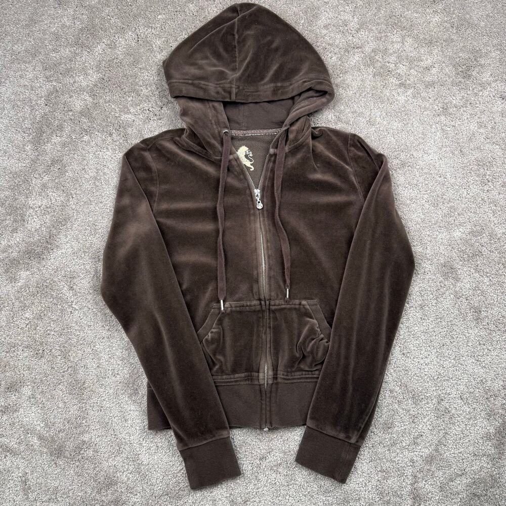 Express Velour Zip Hoodie Size XS Brown Y2K Track Jacket Drawstring